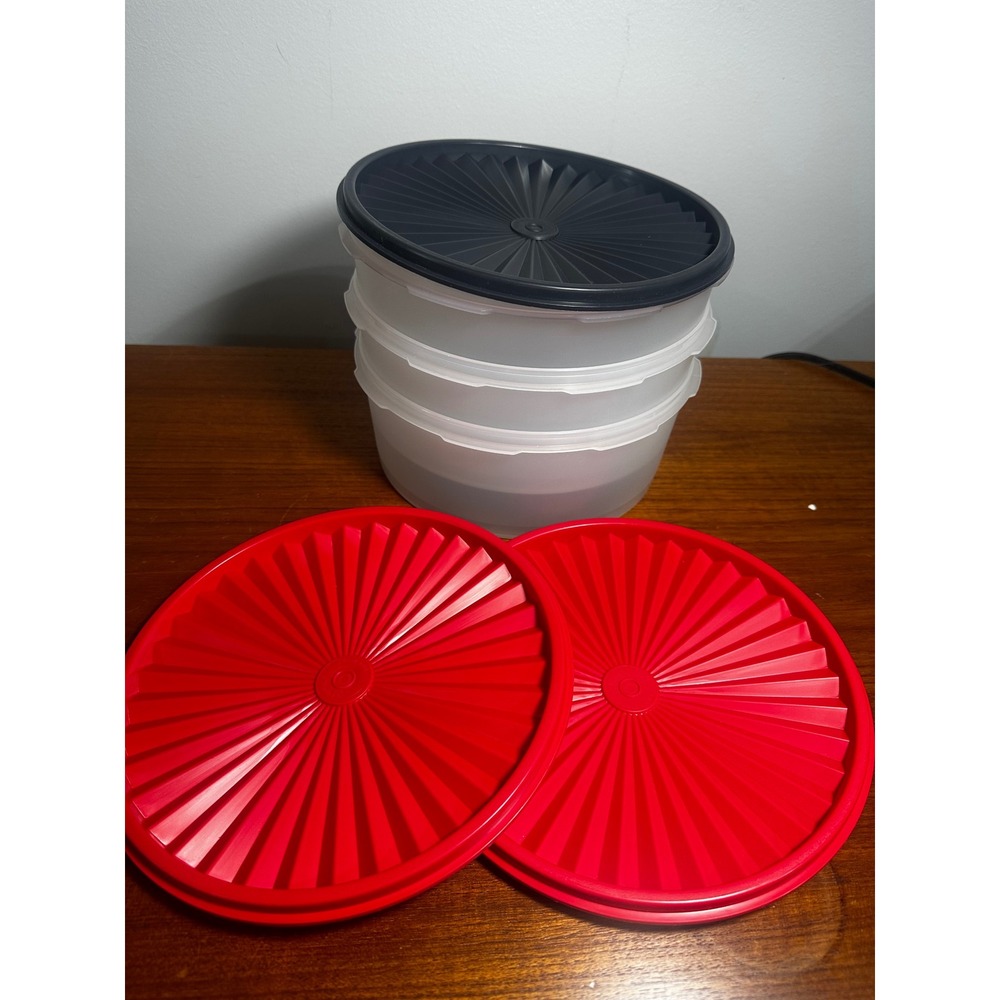 Tupperware Servalier Bowl Set 3 Clear 1.8L 7.5 Cup Sunburst Lids Red Black USA